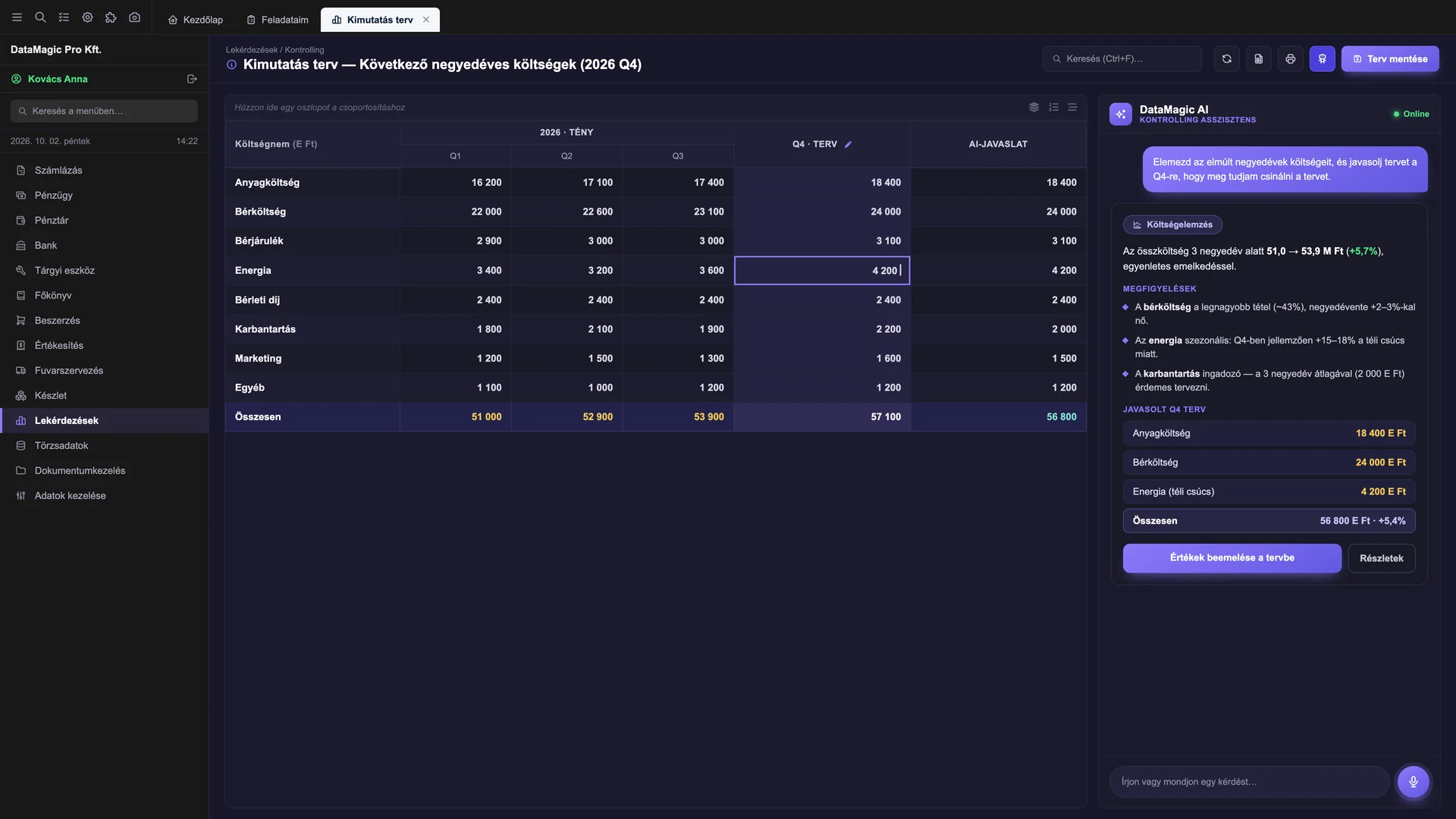 DataMagic AI in the ERP: the assistant analyses the cost data of earlier periods, gives an observation on seasonal energy cost, and proposes plan values per cost type that can be taken into the plan in one step