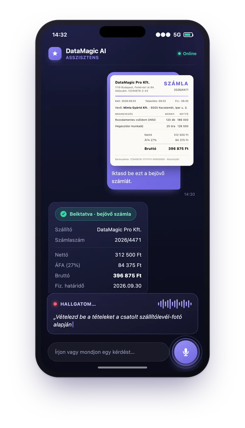 DataMagic AI on a phone: supplier, invoice number, net, VAT and gross value recognised from a photographed incoming invoice, with a voice command below for goods receipt based on the delivery note