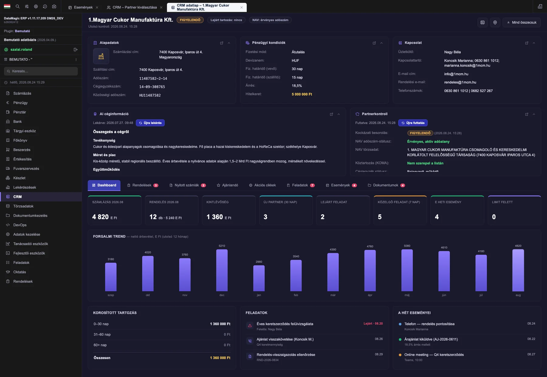 DataMagic CRM – partner adatlap, partnerkontroll