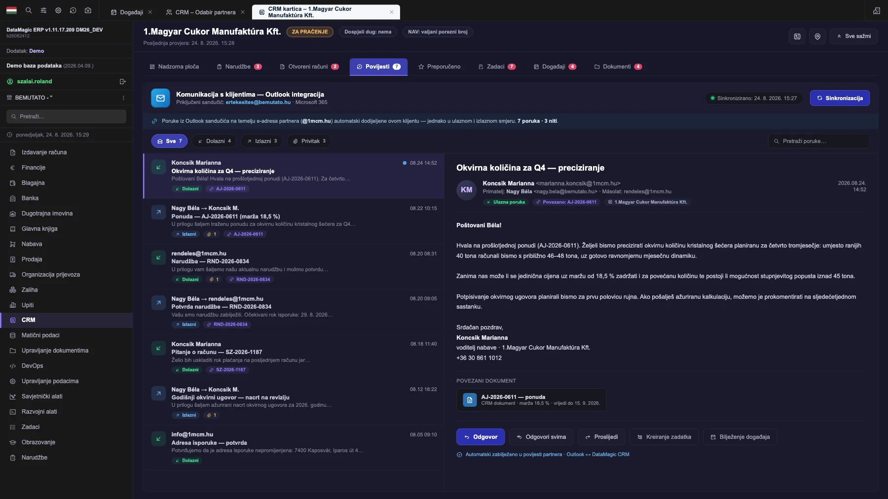 DataMagic CRM kartica Povijest: Outlook integracija, popis ulaznih i izlaznih e-poruka pridruženih partneru te okno za čitanje s pripadajućim dokumentom ponude