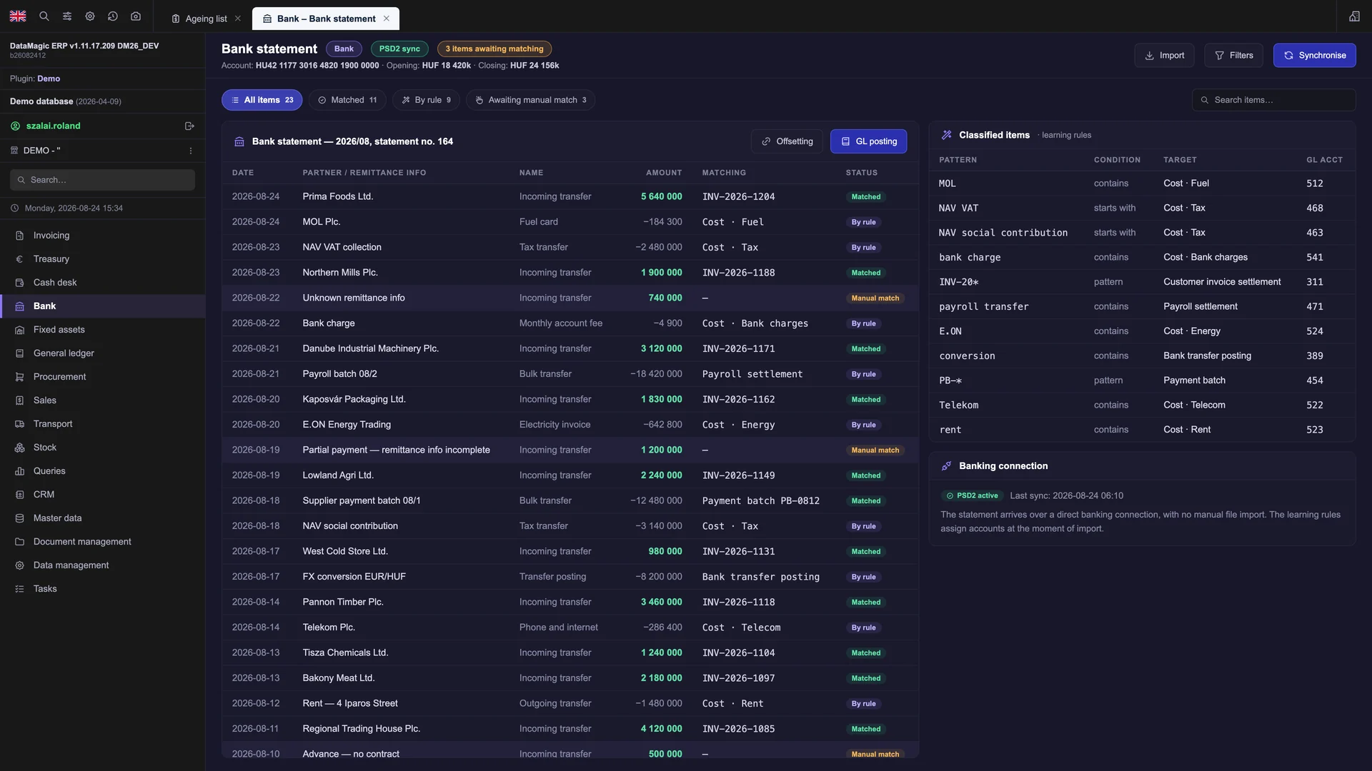 DataMagic FMS bank statement: bank entries imported over a PSD2 connection with automatic matching and self-learning rules