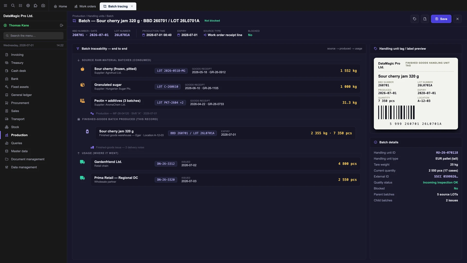 Batch tracing in DataMagic MES: the source raw-material batches with supplier and lot number, the finished-goods batch produced, the two finished-goods issues, and a preview of the printable handling-unit tag