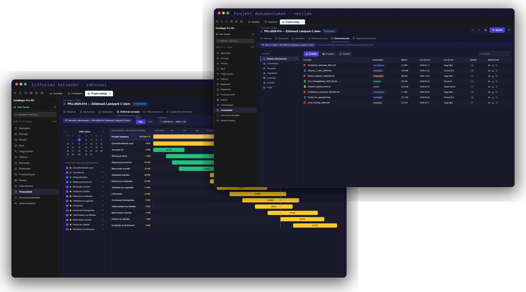 DataMagic PMS: the resource planning timeline with completion percentages and the Today line, in front of it the project document store with categories and version numbers