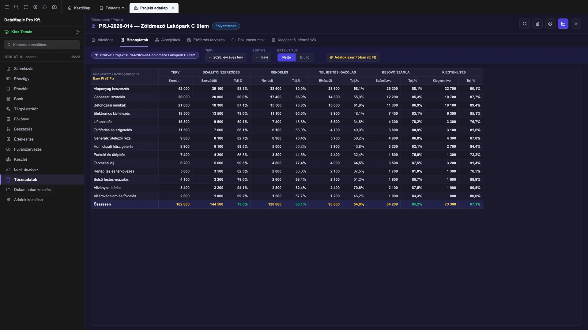 Cost tracking in DataMagic PMS: budget, supplier contract, order, completion certificate, incoming invoice and settlement per cost category, with completion percentages