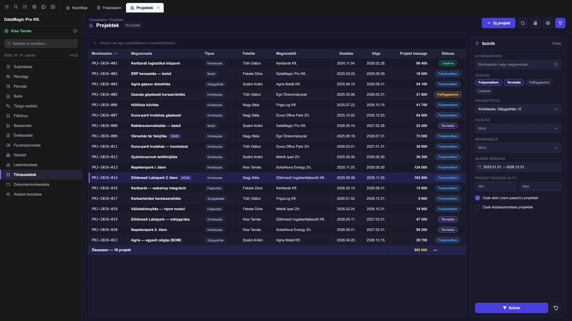 Project master list in DataMagic PMS with a filter panel, project identifiers, customers, deadlines and status